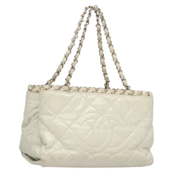 CHANEL Chain Shoulder Bag Lamb Skin White Silver CC Auth 128035 - Picture 1 of 15